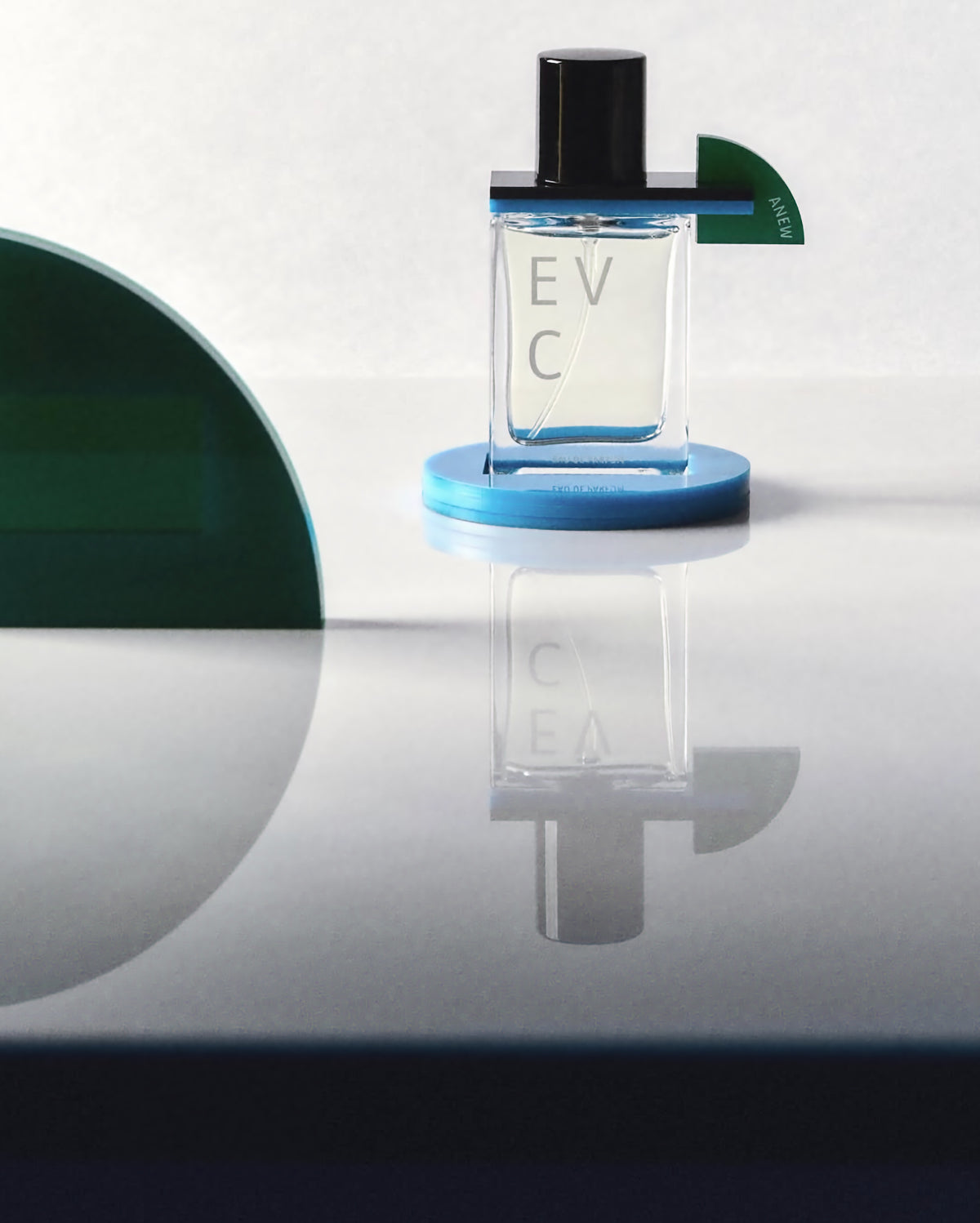 Anew by EVC with blue and green details and a mirrored reflection