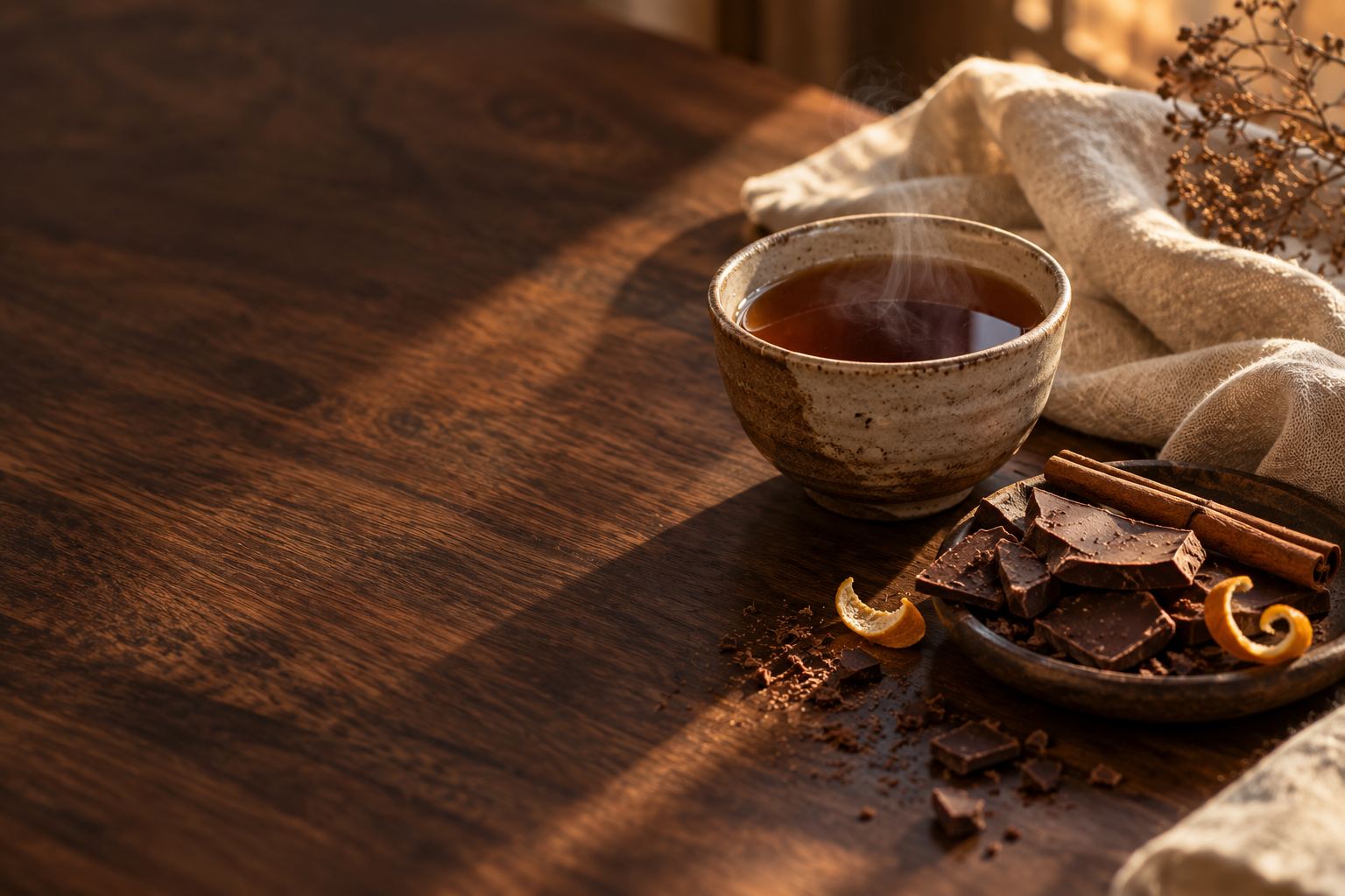 Tea, chocolate, cinnamon, and linen in warm autumn light.